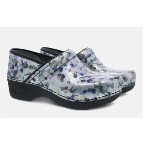 Dansko XP 2.0 Watercolor Dots Patent Leather Clogs Blue Silver Multi Size 38